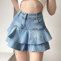 Women's Double-layer Ruffled Denim Skirt Retro Easy Matching High Waist Slimming