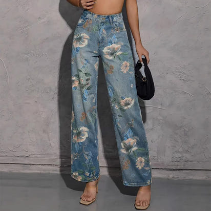 European And American Ladies Printed Pattern Casual Straight-leg Denim Trousers