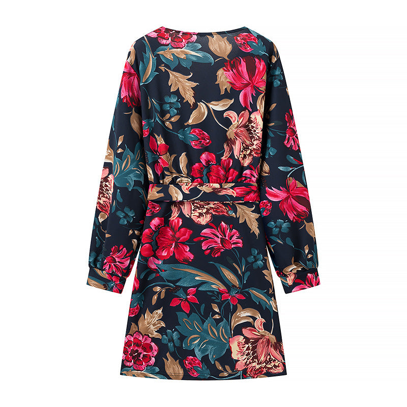 European And American Sexy Deep V Fashion Printed Shirt Dress