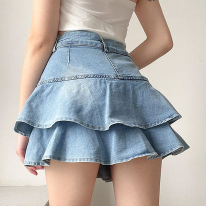 Women's Double-layer Ruffled Denim Skirt Retro Easy Matching High Waist Slimming