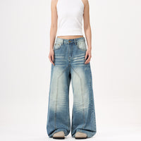 Wide-leg Blue Jeans Deconstruct Stitching Men And Women