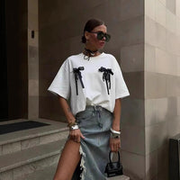 Millennium Bowknot Short-sleeved T-shirt Women's Lace Stitching