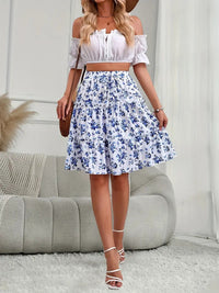 Floral Print Stretch Waist Skirt Knee Layered Hem A- Line Skirt