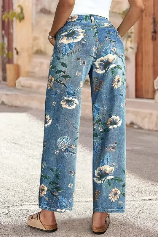 Women's Printed Denim Spring And Autumn Straight Wide-leg Pants