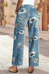 Women's Printed Denim Spring And Autumn Straight Wide-leg Pants