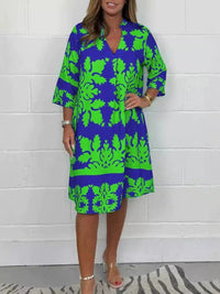 Autumn V-neck printed three-quarter sleeve floral women's one-piece dress