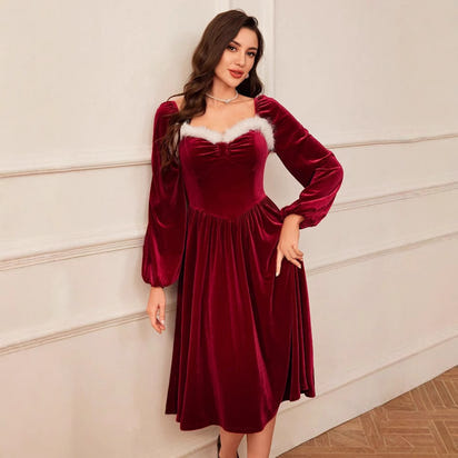 Women's Vintage Christmas Party Long Sleeve Red Velvet Dress Square Collar Dress Elegant Slimming Waist Autumn Women's Clothing