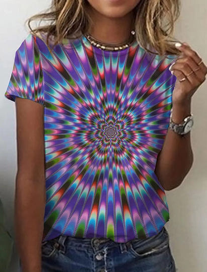 Geometric Retro Printed Round Neck Short Sleeve T-shirt Women's Top