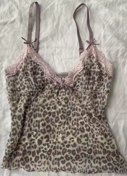 Bow Lace Trim Printed Sleeveless Tank Top