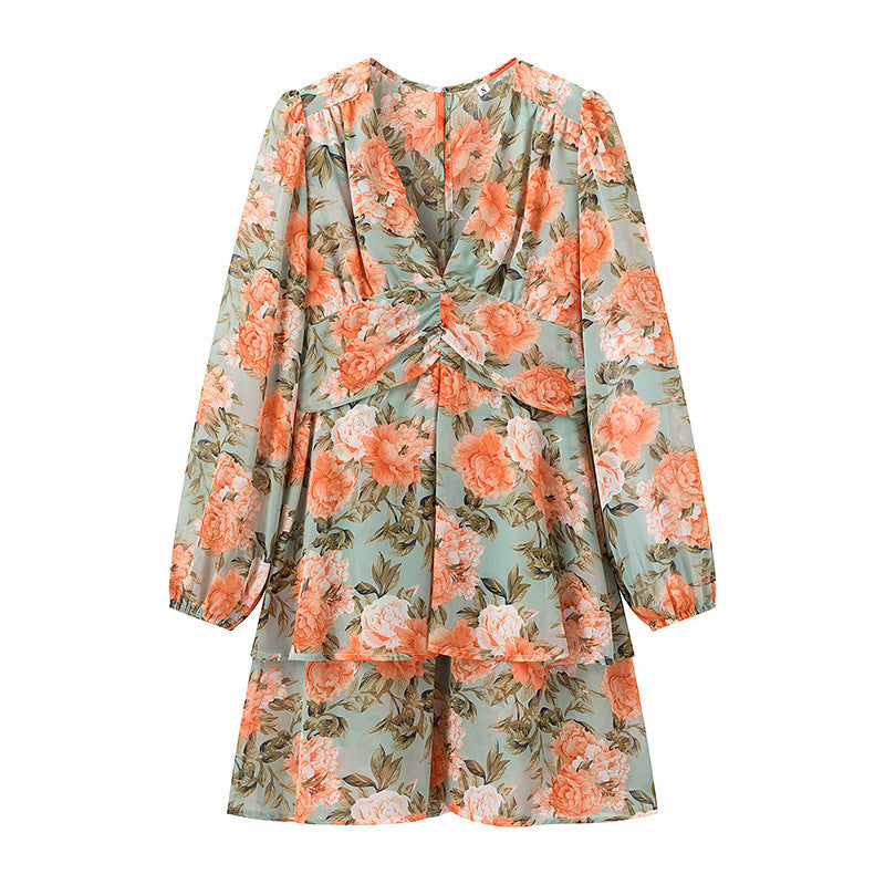 Women's Printed Bow Decorated V-neck Long Sleeve Loose Dress