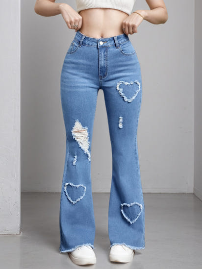 2025 New Women'S High-Stretch Flare Jeans With Heart Embroidery Patchwork - Trendy Distressed Denim Bell Bottoms, Comfortable & Versatile Light Blue Casual Pants,Fashion And Leisure