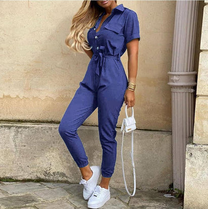 Women's casual lapel printed belt workwear jumpsuit