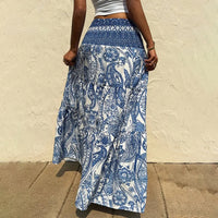 Women's Boho Floral Print Maxi Skirt - Elastic Waist A-Line Long Skirt For Spring&Summer Casual Beach Skirt
