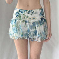 American Street Style Mesh Floral Print Irregular Skirt
