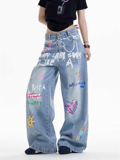 Waist Chain Printed Jeans Women's Straight Wide-leg Pants