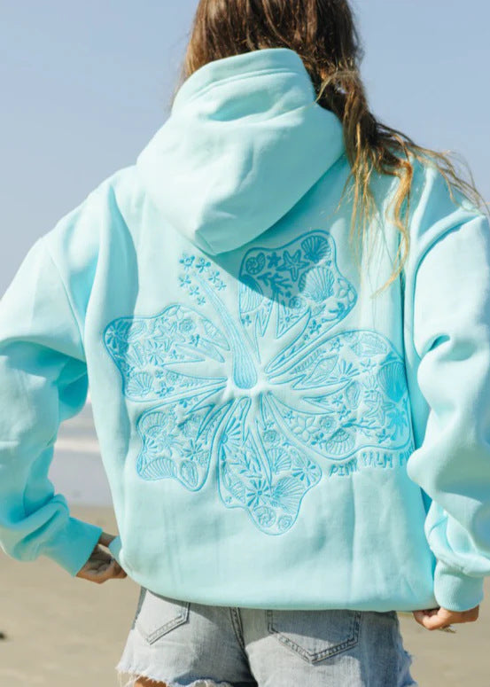 Embroidered off-the-shoulder sleeve hooded sweatshirt