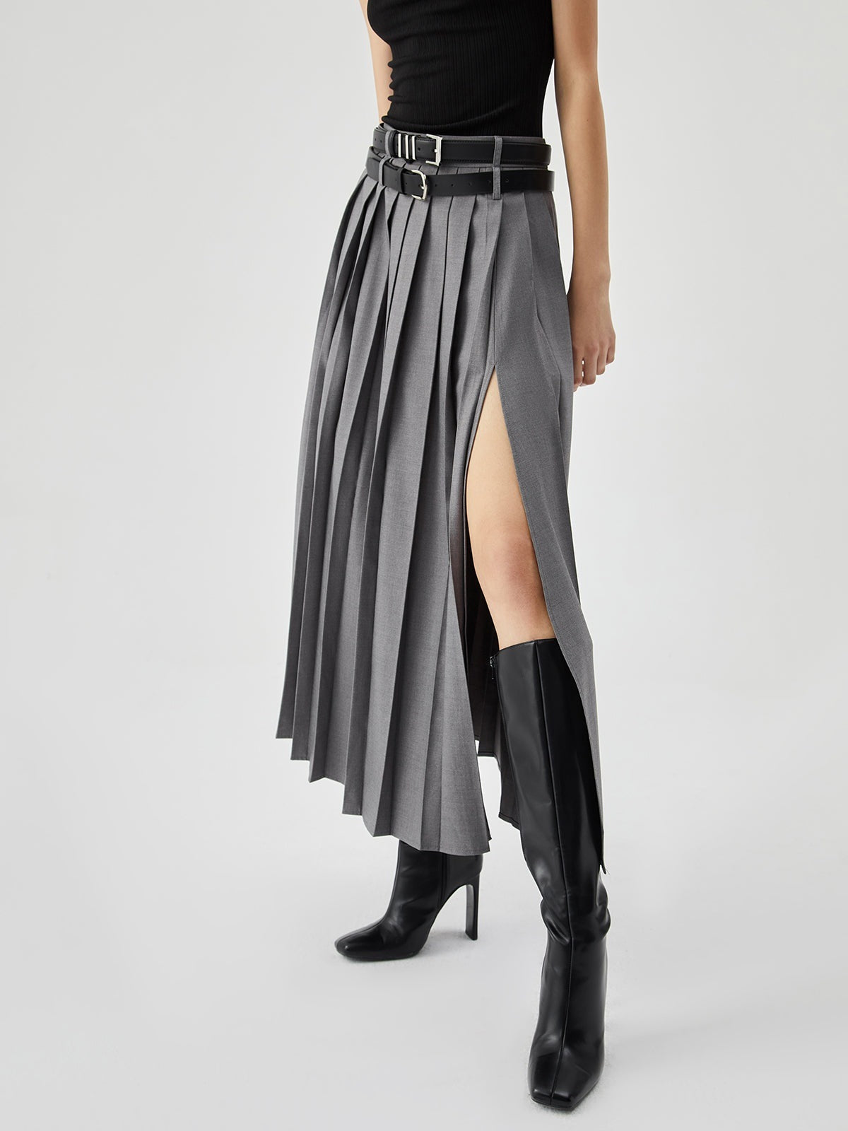 Women's High Waist Slimming Slit Pleated Skirt