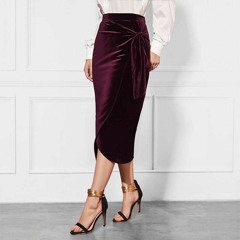 New Solid Color Twisted Skirt Temperament Commute Autumn And Winter Split Velvet Dress