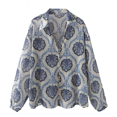 Women's Long Sleeve Loose Metallic Print Casual Shirt