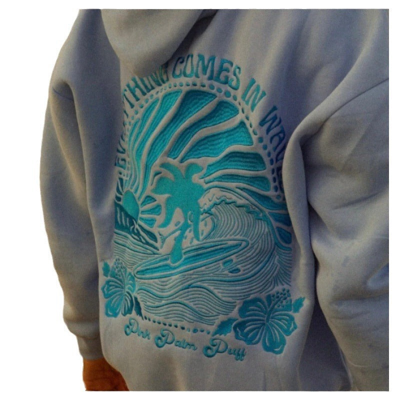 Embroidered off-the-shoulder sleeve hoodie