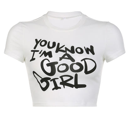 Slim Fit Printed Letter Retro Gothic Round Neck Short Sleeve T-shirt Top