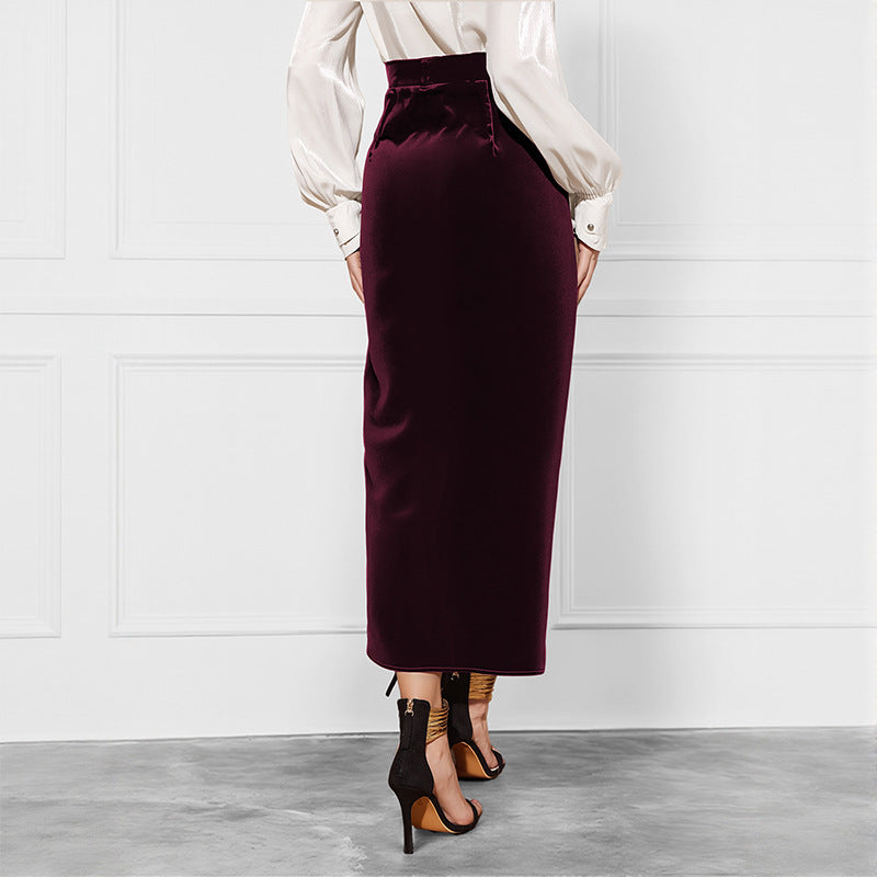 New Solid Color Twisted Skirt Temperament Commute Autumn And Winter Split Velvet Dress