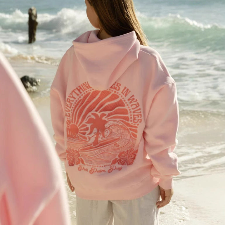 Embroidered off-the-shoulder sleeve hooded sweatshirt