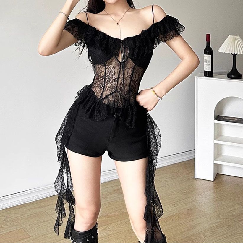 Spicy girl style pure sensual lace patchwork see-through halter top, black fungus lace short top