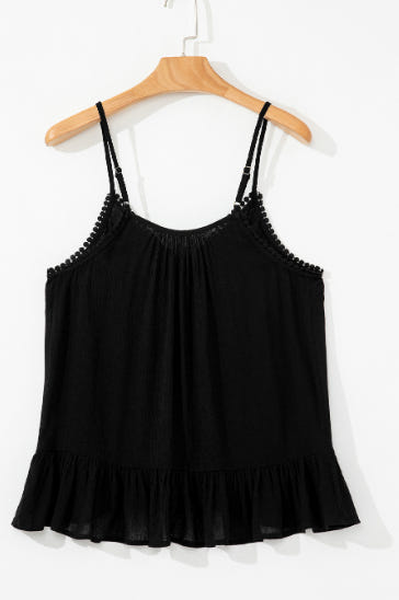 Black Floral Embroidery Ruffled Spaghetti Straps Tank Top