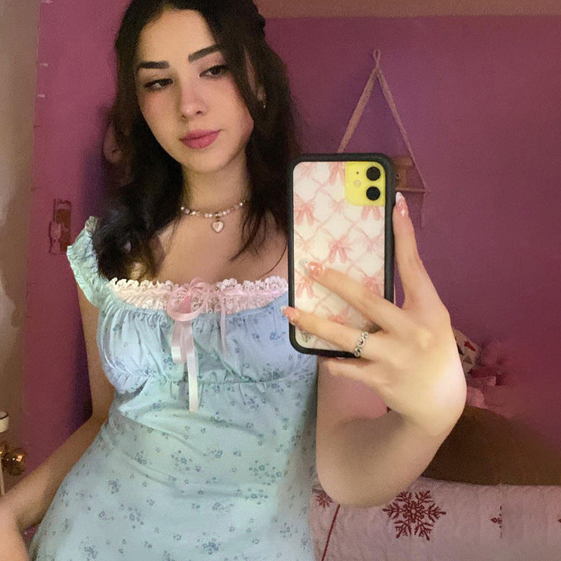 Floral bow strappy top for female bm, pure and elegant, slim and fashionable, gentle and versatile casual top