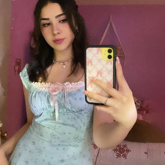 Floral bow strappy top for female bm, pure and elegant, slim and fashionable, gentle and versatile casual top