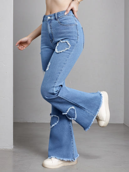 2025 New Women'S High-Stretch Flare Jeans With Heart Embroidery Patchwork - Trendy Distressed Denim Bell Bottoms, Comfortable & Versatile Light Blue Casual Pants,Fashion And Leisure
