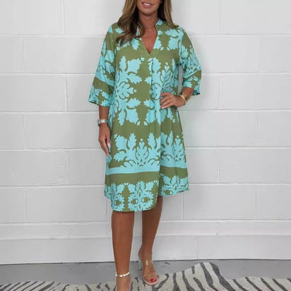 Autumn V-neck printed three-quarter sleeve floral women's one-piece dress