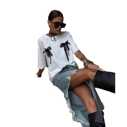 Millennium Bowknot Short-sleeved T-shirt Women's Lace Stitching