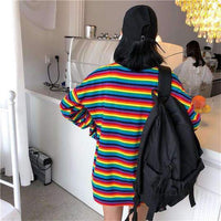 Cute girl rainbow stripes loose wild long-sleeved T-shirt