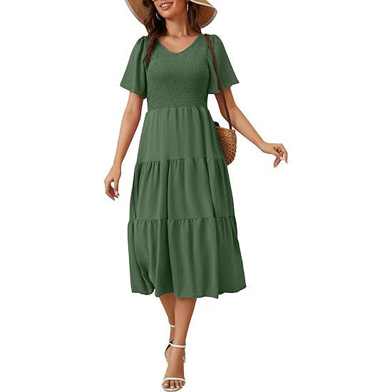 Spring Summer Short Sleeve V-Neck Ruffled Dress