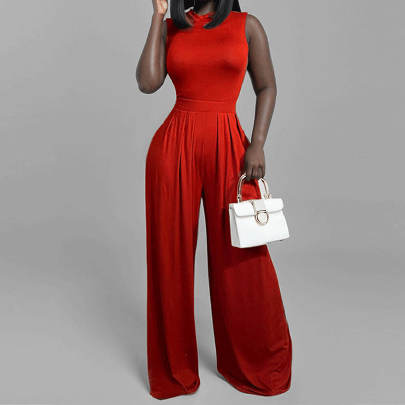 Women's spring fashion casual long pants, slim printed sleeveless jumpsuit