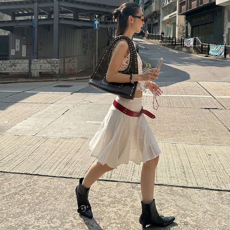 MMFISH stylish and chic flower-printed poplin square neck button design pressure-sensitive pleated retro halter 25C153