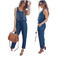 Women's fashionable, form-fitting, casual, cinched-waist vest and denim jumpsuit
