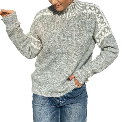 Grey high-neck sweater, jacquard design on the sleeves, loose-fitting pullover sweater