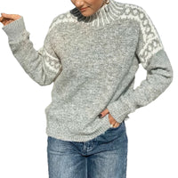 Grey high-neck sweater, jacquard design on the sleeves, loose-fitting pullover sweater