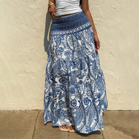 Women's Boho Floral Print Maxi Skirt - Elastic Waist A-Line Long Skirt For Spring&Summer Casual Beach Skirt