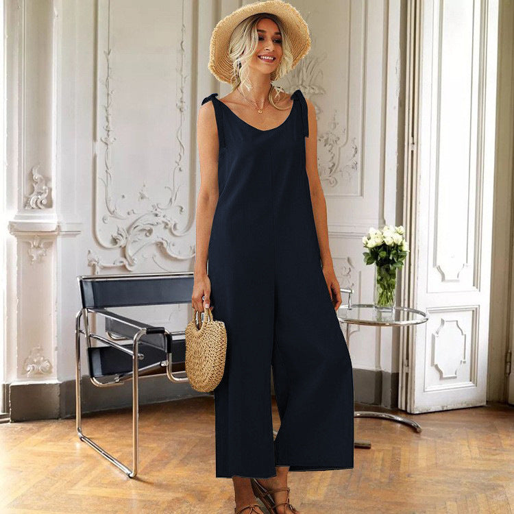 Women's loose-fitting straight-leg solid-color one-piece overalls with straps