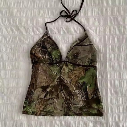 Bow Lace Trim Printed Sleeveless Tank Top