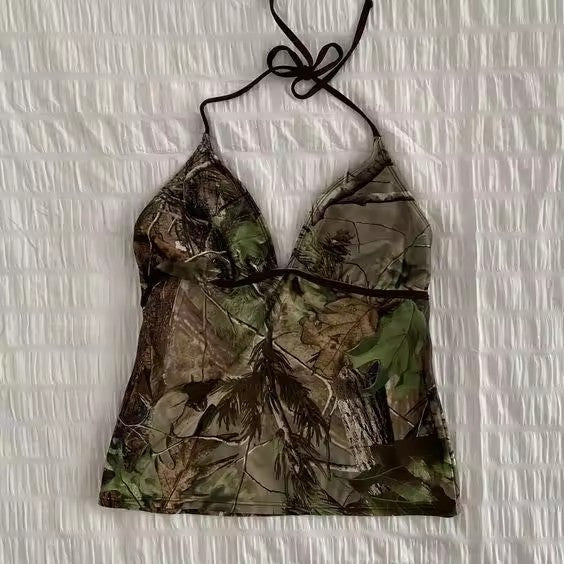 Bow Lace Trim Printed Sleeveless Tank Top