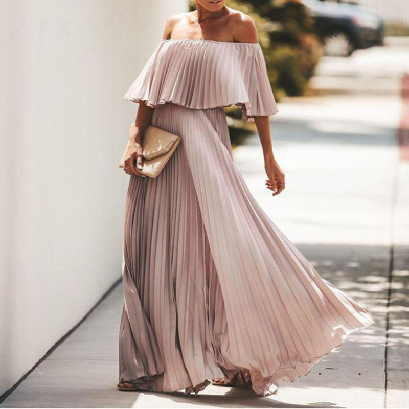 Spring new women's dress  off-the-shoulder one-line shoulder pleated chiffon party dress