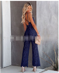 Women's , form-fitting sleeveless halter with backless solid color lace jumpsuit