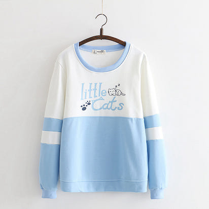 Colorblock cat print long-sleeved sweatshirt