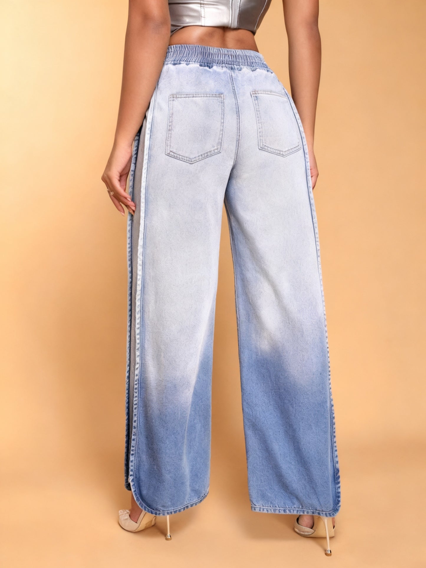 Light Blue Ombre Wide-Leg Jeans With Elastic Waist