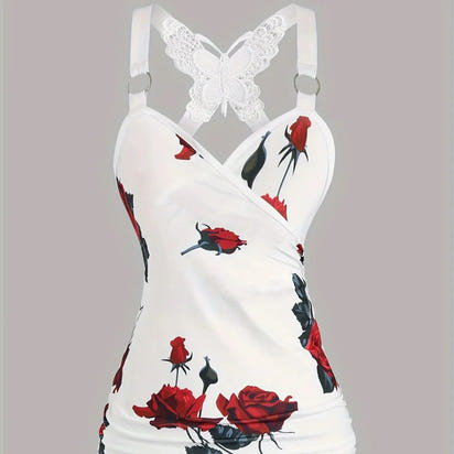 Spring And Summer New Women's Rose Print Pleated Suspender Cross Tank Top